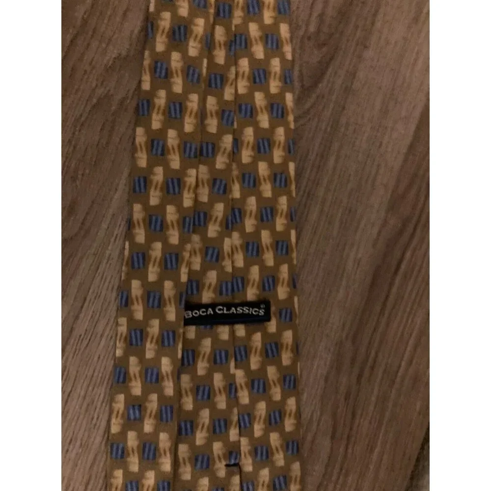 Boca Classics Men's Silk Necktie Gold and Blue Geometric Pattern